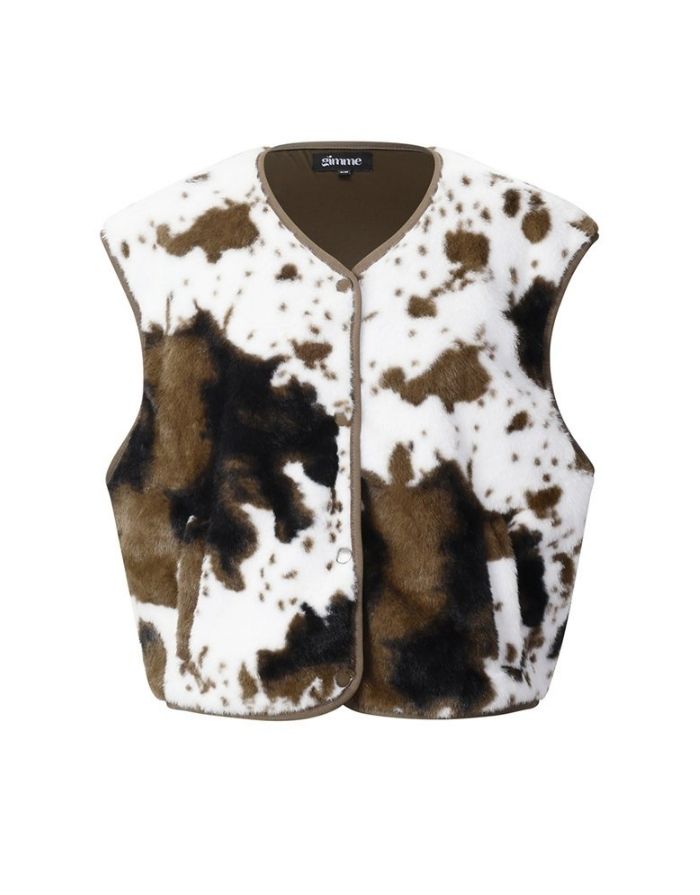 Nordlykk Teddyweste für Damen in Cow, ärmellose Weste aus Polyester mit Fronttaschen und minimalistischer Passform