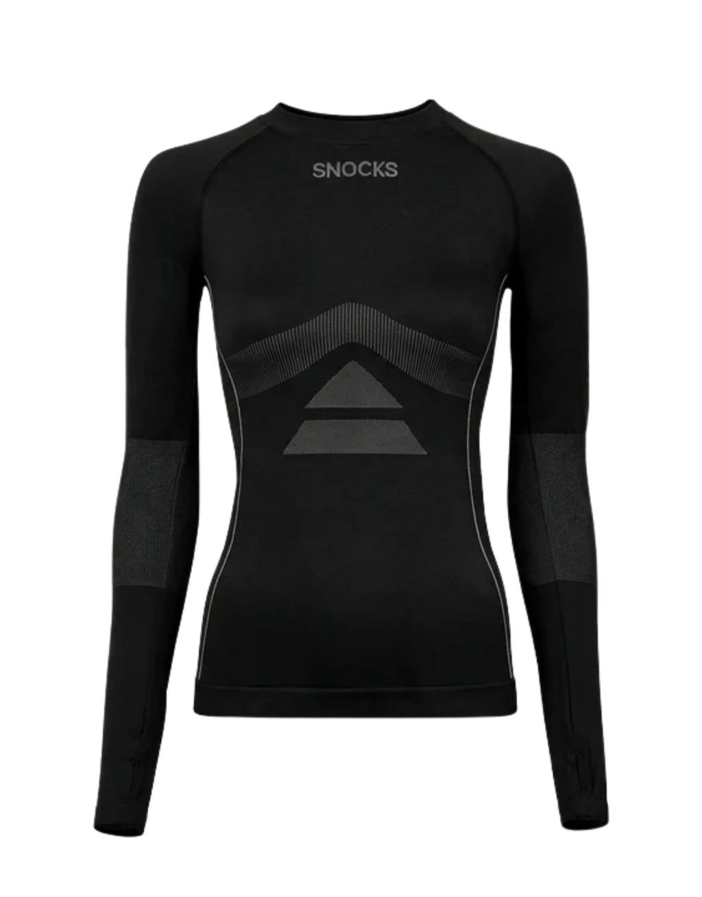 Schwarzes Thermo Longsleeve für Damen von SNOCKS aus elastischem, recyceltem Funktionsmaterial mit Raglanärmeln, Daumenlöchern und körpernaher Passform.