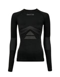 Schwarzes Thermo Longsleeve für Damen von SNOCKS aus elastischem, recyceltem Funktionsmaterial mit Raglanärmeln, Daumenlöchern und körpernaher Passform.