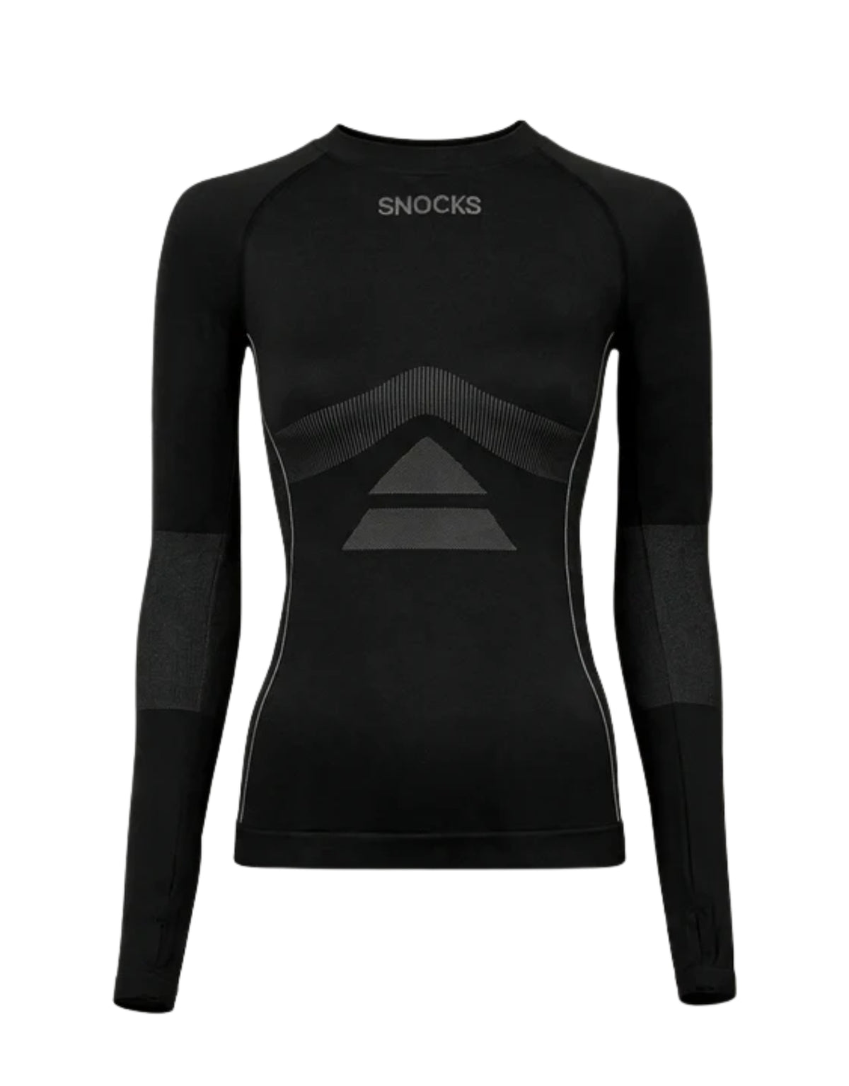 Schwarzes Thermo Longsleeve für Damen von SNOCKS aus elastischem, recyceltem Funktionsmaterial mit Raglanärmeln, Daumenlöchern und körpernaher Passform.
