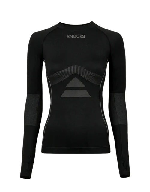 Schwarzes Thermo Longsleeve für Damen von SNOCKS aus elastischem, recyceltem Funktionsmaterial mit Raglanärmeln, Daumenlöchern und körpernaher Passform.