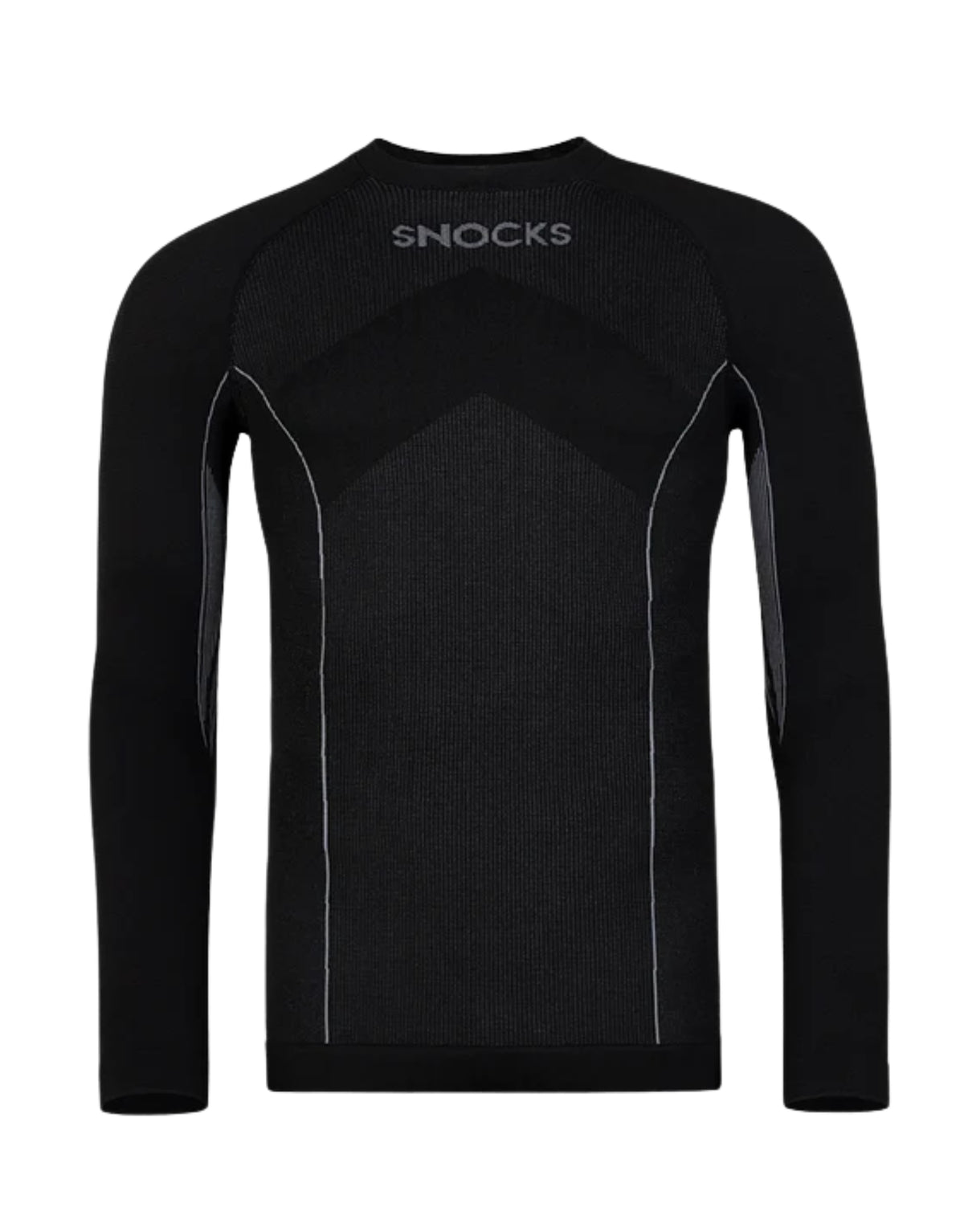 Schwarzes Thermounterhemd für Herren von SNOCKS aus elastischem, recyceltem Funktionsmaterial mit langen Ärmeln, praktischen Daumenlöchern und körpernaher Passform.