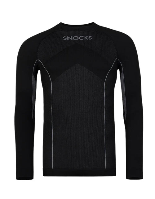 Schwarzes Thermounterhemd für Herren von SNOCKS aus elastischem, recyceltem Funktionsmaterial mit langen Ärmeln, praktischen Daumenlöchern und körpernaher Passform.