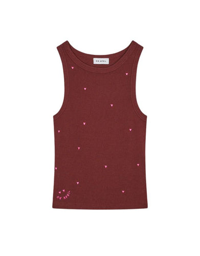  OH APRIL Top Dany Cherrywood – körperbetontes Racer-Top aus Baumwoll-Mix mit pinker Herzchen-Stickerei, Größen XS–XL.