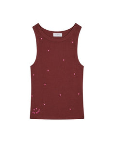  OH APRIL Top Dany Cherrywood – körperbetontes Racer-Top aus Baumwoll-Mix mit pinker Herzchen-Stickerei, Größen XS–XL.