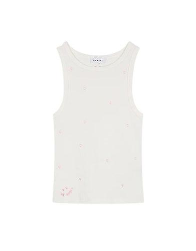  OH APRIL Top Dany Ivory – körperbetontes Racer-Top aus Baumwoll-Mix mit pinker Herzchen-Stickerei, Größen XS–XL.
