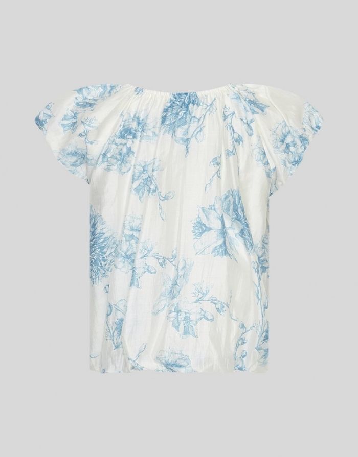 MSCH Copenhagen Top Evangelia M Blue Flower mit Blumenprint, elastischem Ausschnitt und Ballonsaum.