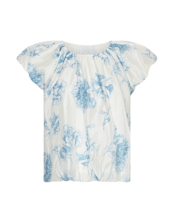 MSCH Copenhagen Top Evangelia M Blue Flower mit Blumenprint, elastischem Ausschnitt und Ballonsaum.