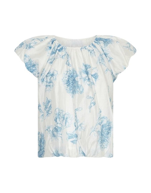MSCH Copenhagen Top Evangelia M Blue Flower mit Blumenprint, elastischem Ausschnitt und Ballonsaum.