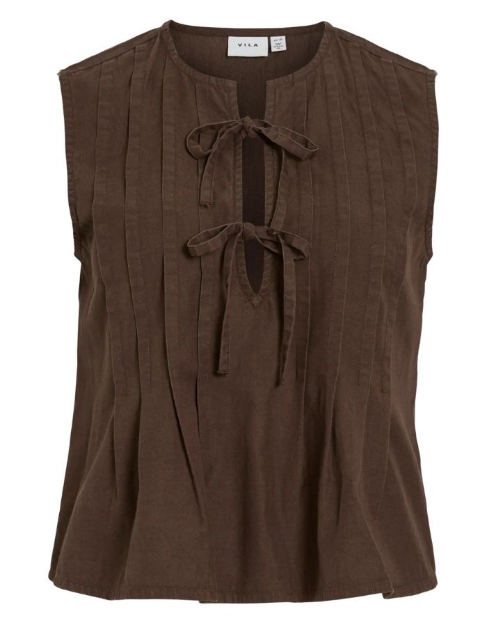 VILA Top Vitevira Tiestring Slate Black aus TENCEL™ mit ärmellosem Schnitt und Bindeband.