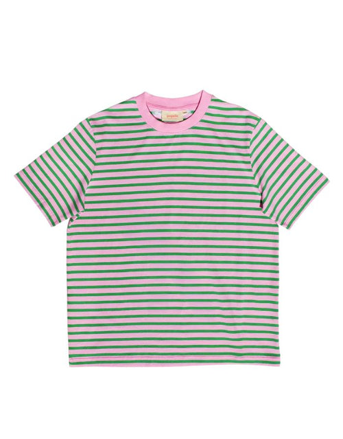 Popeia T-Shirt aus Bio-Baumwolle in Pink und Grün gestreift mit relaxed Fit und „Kindness“-Detail im Nacken.