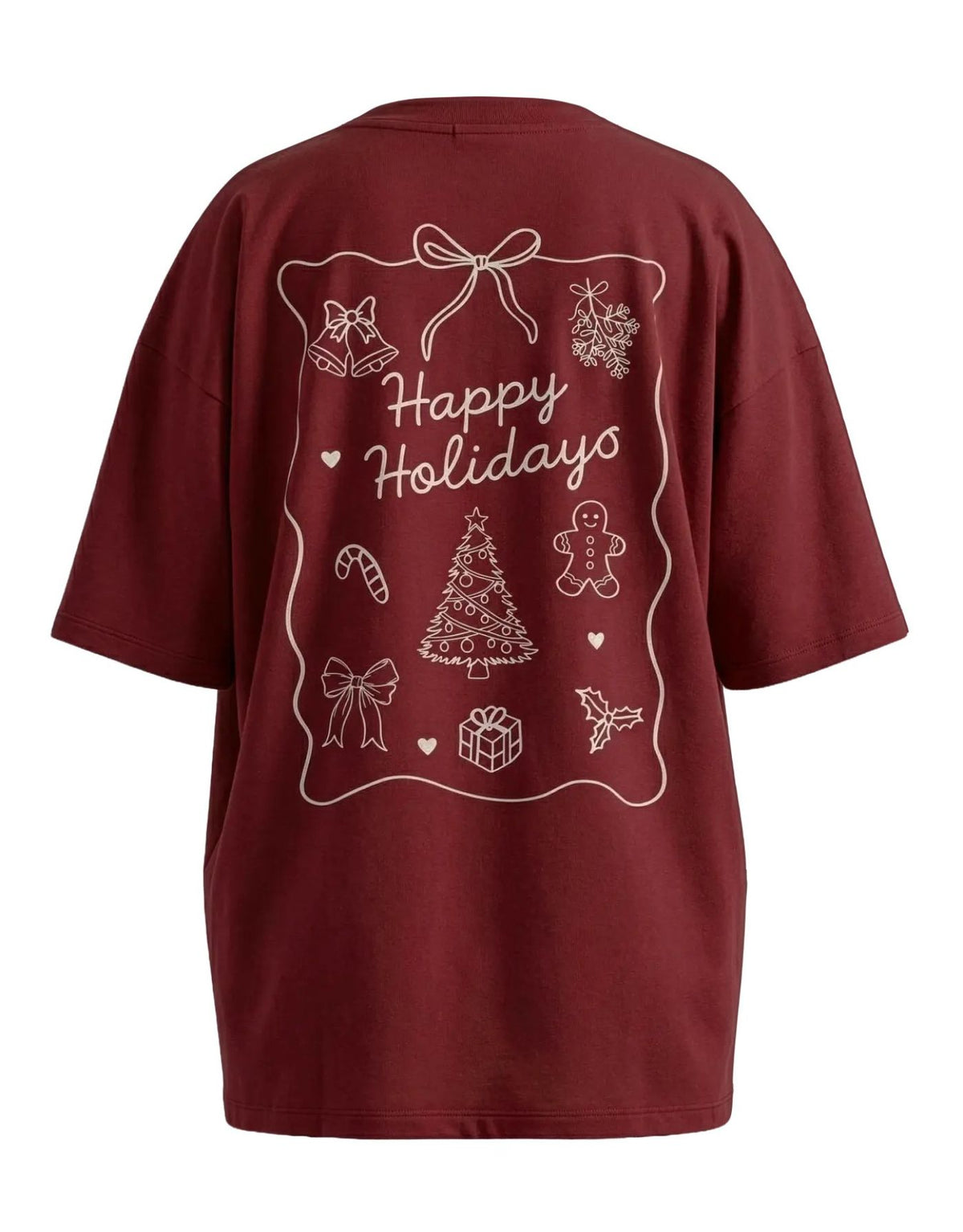 T-Shirt Vinorani Happy Holidays von VILA, lässiges Damenshirt mit festlichem Happy Holidays Design, Rundhalsausschnitt, halblangen Ärmeln und bequemer Loose-Fit-Passform hinten