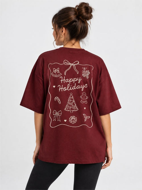T-Shirt Vinorani Happy Holidays von VILA, lässiges Damenshirt mit festlichem Happy Holidays Design, Rundhalsausschnitt, halblangen Ärmeln und bequemer Loose-Fit-Passform am Model