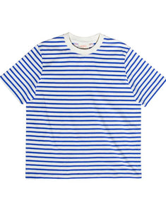POPEIA T-Shirt in Königsblau/Off-White, Relaxed Fit aus 100 % Bio-Baumwolle, breiter Kragen, Detail im Nacken, nachhaltig produziert in Portugal