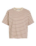 Gestreiftes Vimonie Stripe T-Shirt von VILA in Birch, Mauve und Coffee Bean mit Rundhalsausschnitt und kurzen Ärmeln aus Baumwolle und Bio-Baumwolle als Freisteller von vorne

