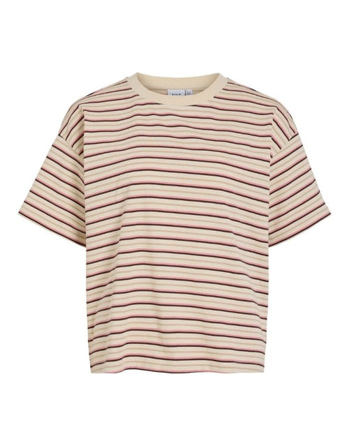 Gestreiftes Vimonie Stripe T-Shirt von VILA in Birch, Mauve und Coffee Bean mit Rundhalsausschnitt und kurzen Ärmeln aus Baumwolle und Bio-Baumwolle als Freisteller von vorne
