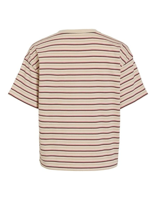 Gestreiftes Vimonie Stripe T-Shirt von VILA in Birch, Mauve und Coffee Bean mit Rundhalsausschnitt und kurzen Ärmeln aus Baumwolle und Bio-Baumwolle als Freisteller von hinten