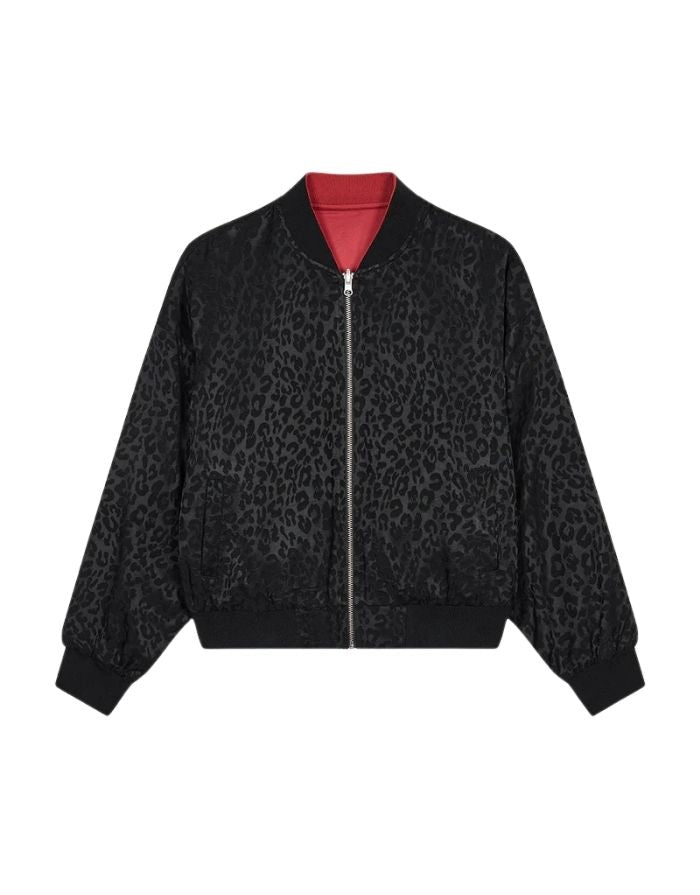 OH APRIL Wendebomberjacke Elin Leo Black/Maroon – reversible Jacke in Leo und Maroon, entspannte Passform aus Viskose.