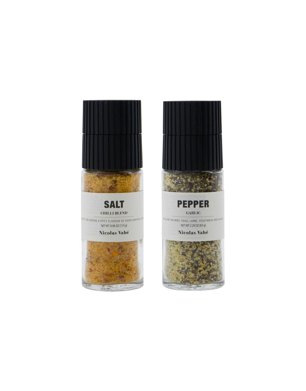 Geschenkbox Chili Blend und Pfeffer Knoblauch von Nicolas Vahé mit zwei aromatischen Gewürzmischungen aus Chilisalz und schwarzem Pfeffer mit Knoblauch ohne Verpackung