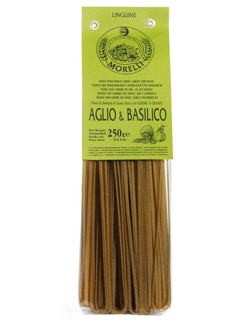 Morelli Garlic and Basil Linguine mit Knoblauch und Basilikum, italienische Gourmet Pasta mit mediterranem Geschmack