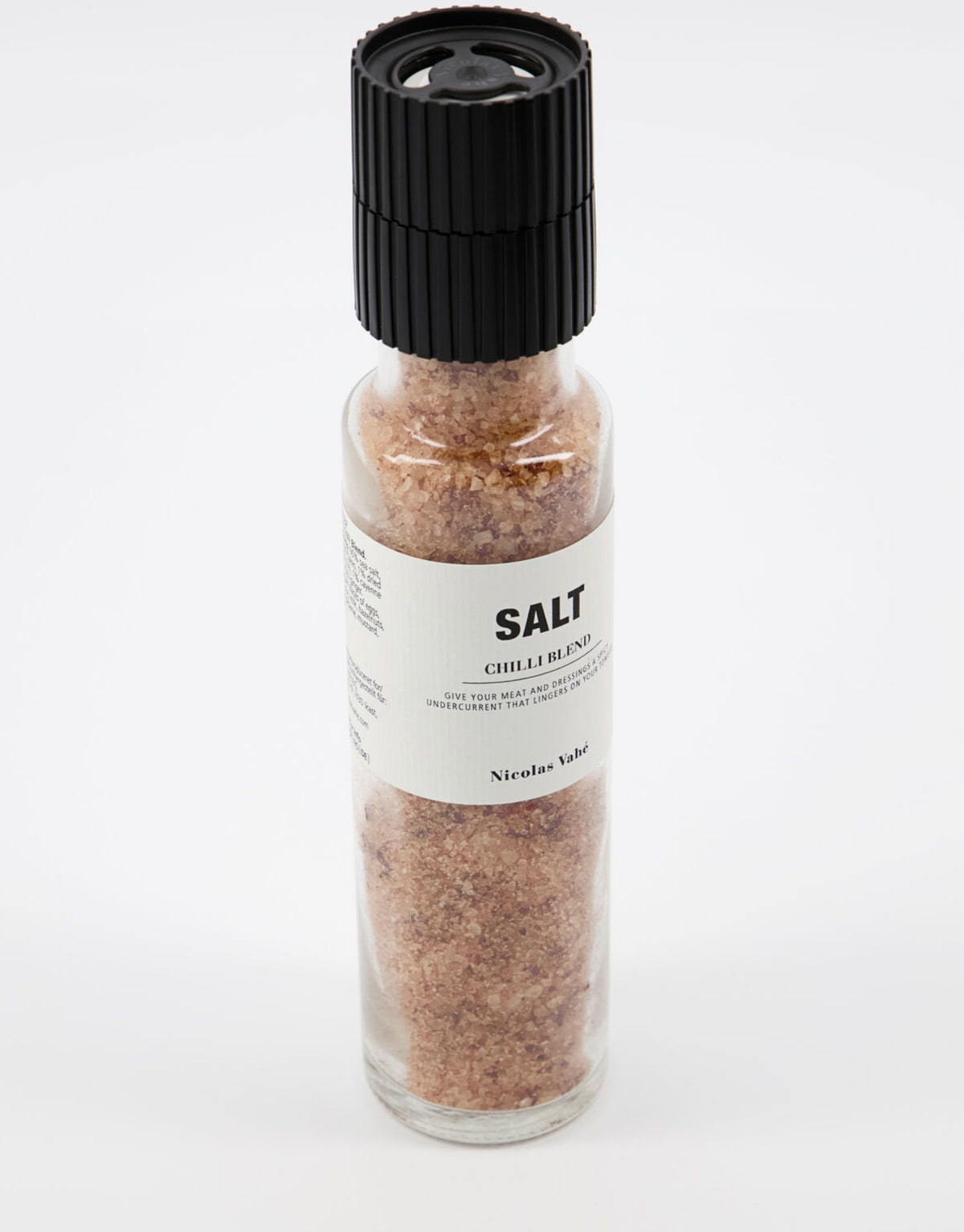 Salz Chili von Nicolas Vahé in einer Gewürzmühle mit Keramikmahlwerk, 315 g Meersalz mit Chiliflocken, Cayennepfeffer und Ingwer als Freisteller von der Seite