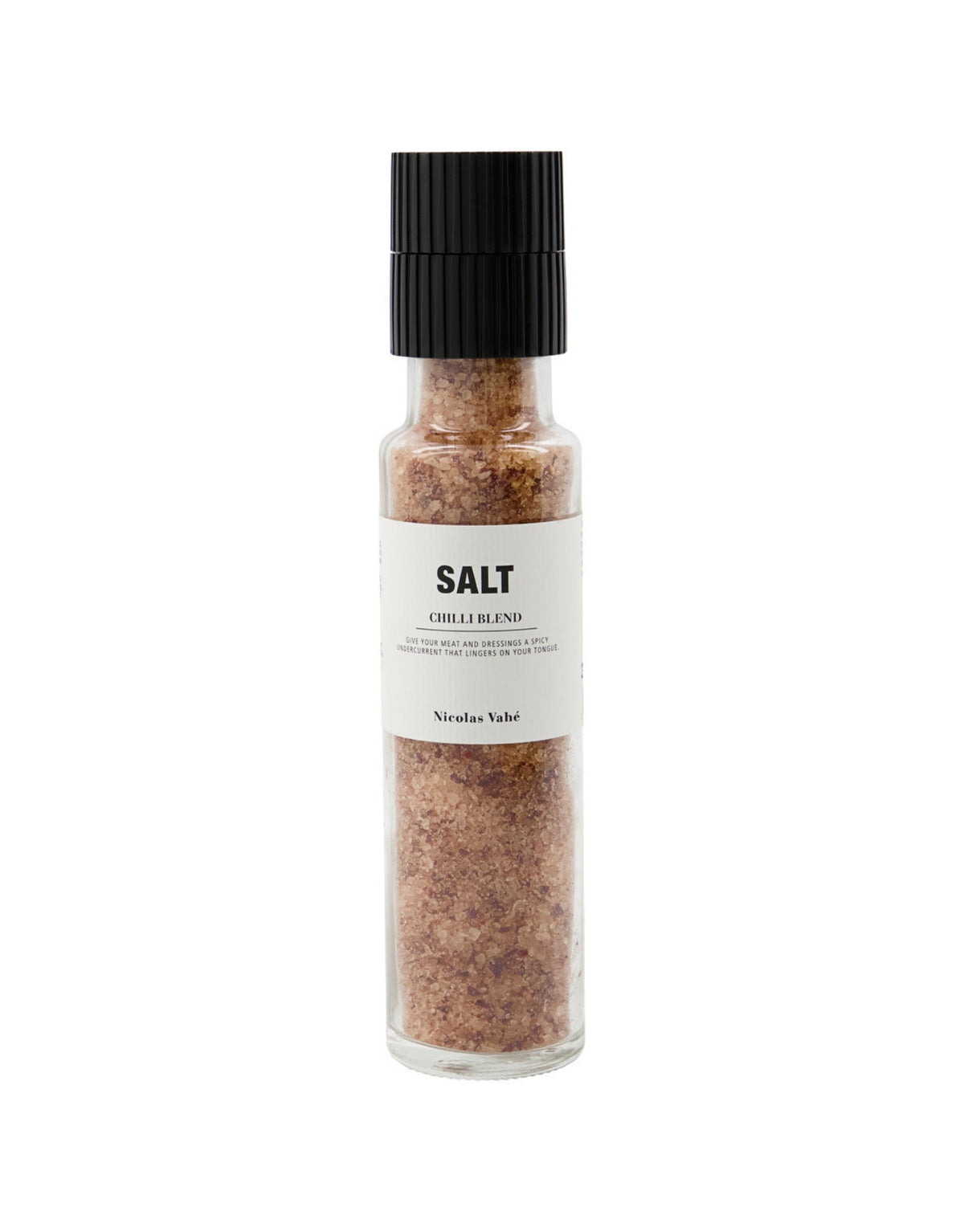 Salz Chili von Nicolas Vahé in einer Gewürzmühle mit Keramikmahlwerk, 315 g Meersalz mit Chiliflocken, Cayennepfeffer und Ingwer als Freisteller von vorne