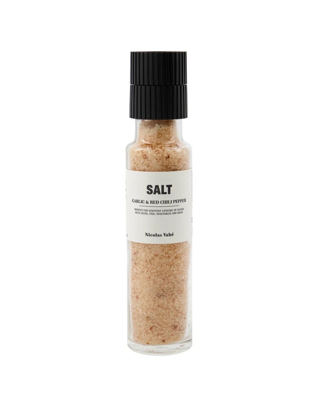 Salz Knoblauch und Roter Chili von Nicolas Vahé in einer Gewürzmühle mit Keramikmahlwerk, 325 g würzige Salzmischung mit Knoblauch und roten Chilischoten als Freisteller von vorne