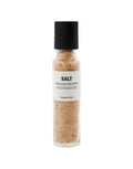 Salz Knoblauch und Roter Chili von Nicolas Vahé in einer Gewürzmühle mit Keramikmahlwerk, 325 g würzige Salzmischung mit Knoblauch und roten Chilischoten als Freisteller von vorne