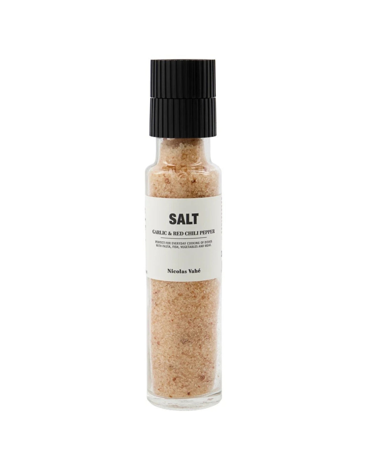Salz Knoblauch und Roter Chili von Nicolas Vahé in einer Gewürzmühle mit Keramikmahlwerk, 325 g würzige Salzmischung mit Knoblauch und roten Chilischoten als Freisteller von vorne