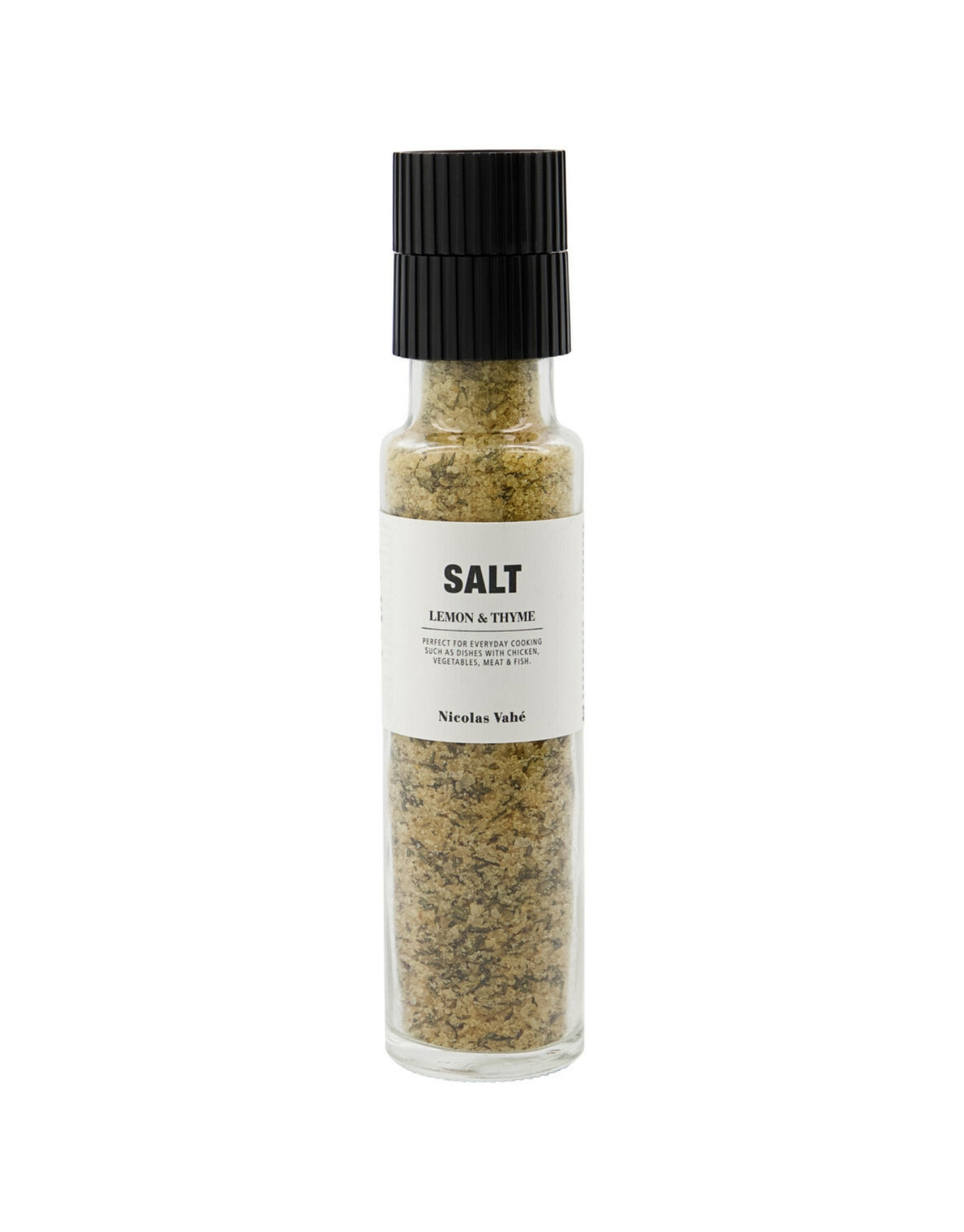 Salz Zitrone &amp; Thymian von Nicolas Vahé mit Meersalz, aromatischem Thymian und frischem Zitronenöl für mediterrane Gerichte als Freisteller von vorne
