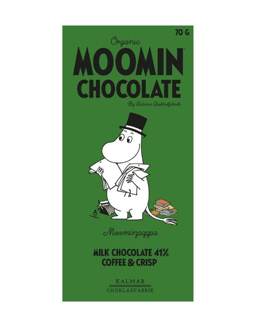 Moomin Bio-Schokoladentafel von Kalmar Chokladfabrik mit Milchschokolade, Kaffee und Krokant im Muminpapa-Design.