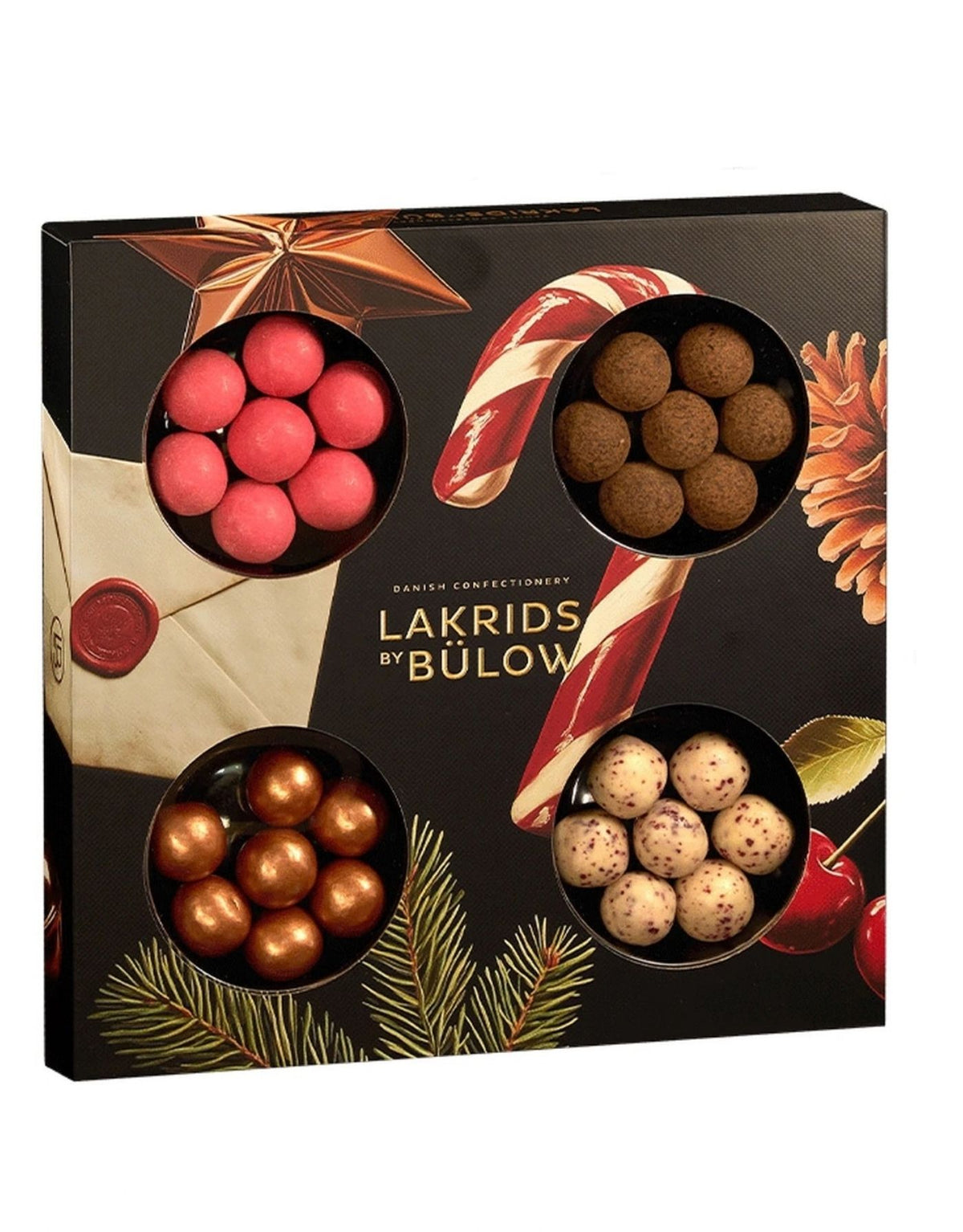 Small Winter Selection Box von Lakrids by Bülow mit vier ausgewählten Lakritzsorten Classic Caramel, Crispy Raspberry, Double Chocolate und Cherry Sour.

