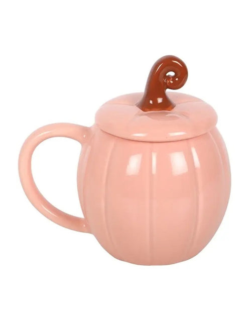 Pinker Kürbisbecher von Something Different mit passendem Deckel und geschwungenem Stiel, 450 ml, für herbstliche Heißgetränke 