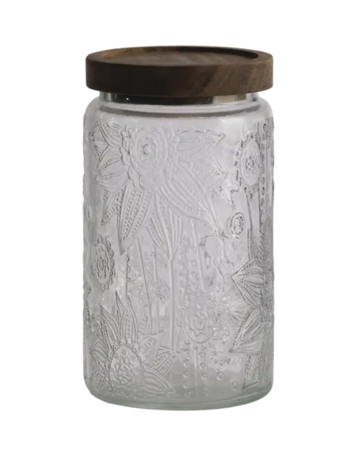 Vorratsglas Kalle Flower/Brown von Affari of Sweden aus klarem Glas mit braunem Akazienholzdeckel und 1000 ml Fassungsvermögen.