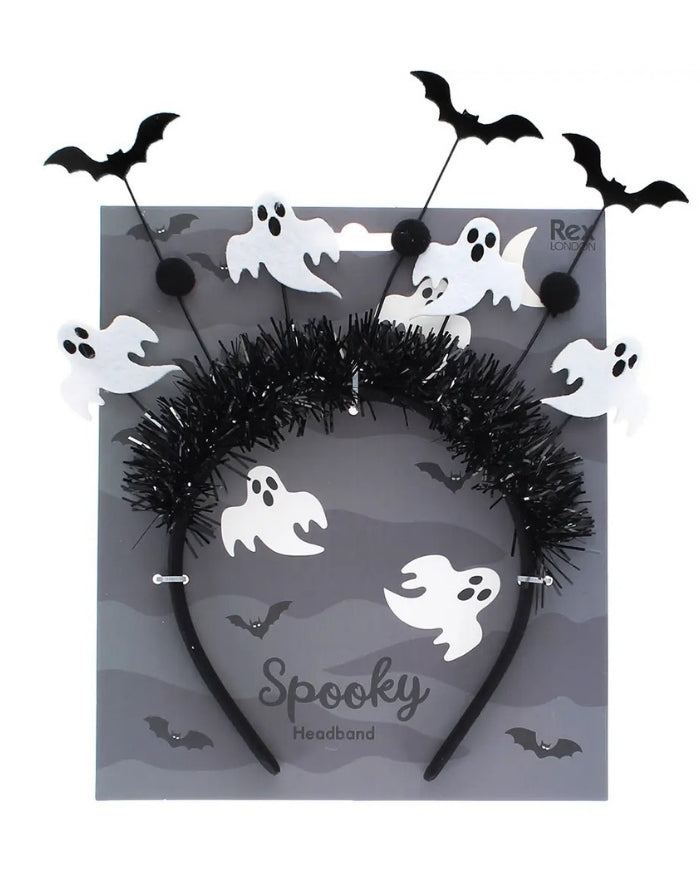 Spooky Party-Haarreif von Rex London mit vielen kleinen Gespenstern und Fledermäusen als verspieltes Halloween-Accessoire in Verpackung