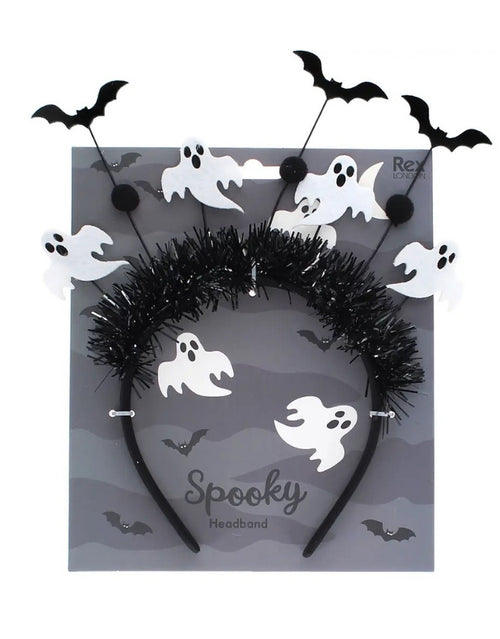 Spooky Party-Haarreif von Rex London mit vielen kleinen Gespenstern und Fledermäusen als verspieltes Halloween-Accessoire in Verpackung
