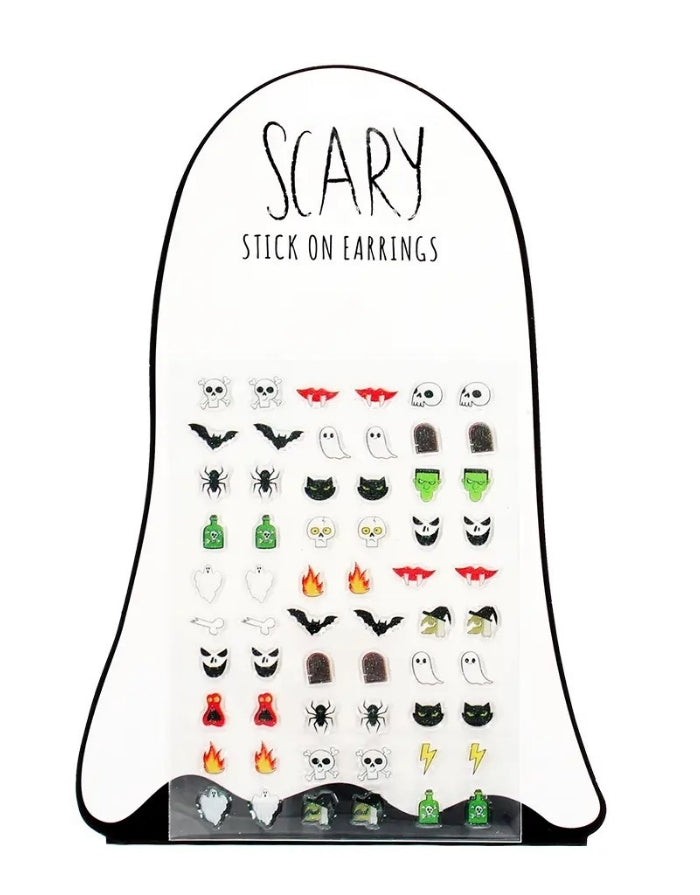 Set mit 30 Paar aufklebbaren Halloween-Ohrringen für Kinder von Rex London mit Monstern, Geistern und Totenköpfen in Verpackung
