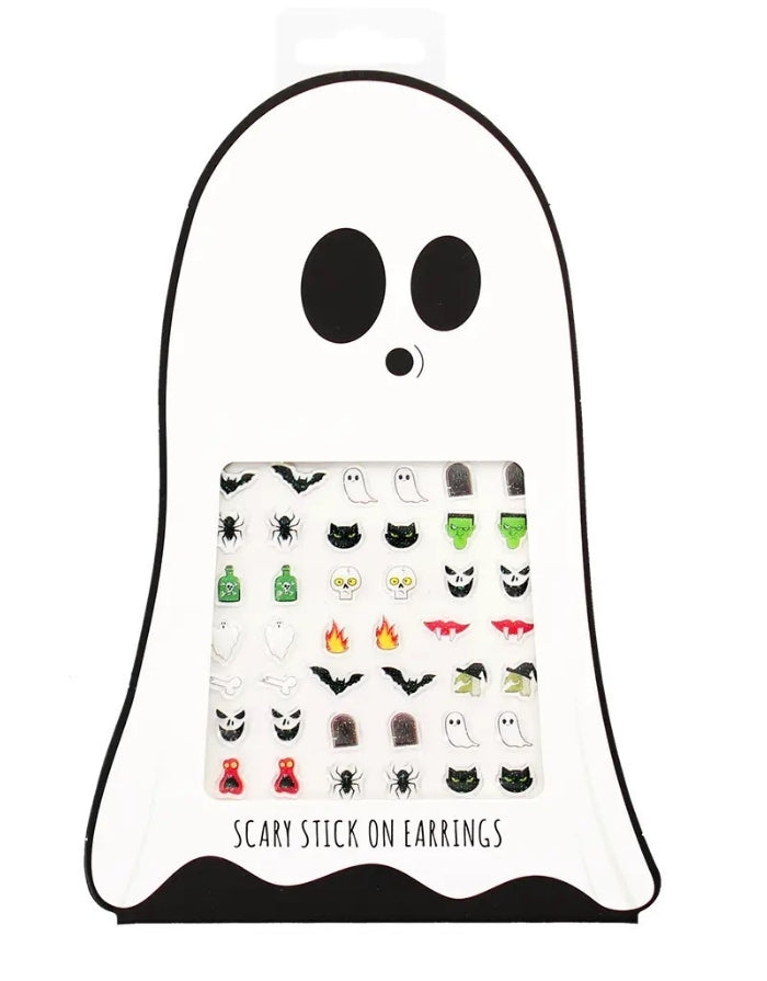 Set mit 30 Paar aufklebbaren Halloween-Ohrringen für Kinder von Rex London mit Monstern, Geistern und Totenköpfen.