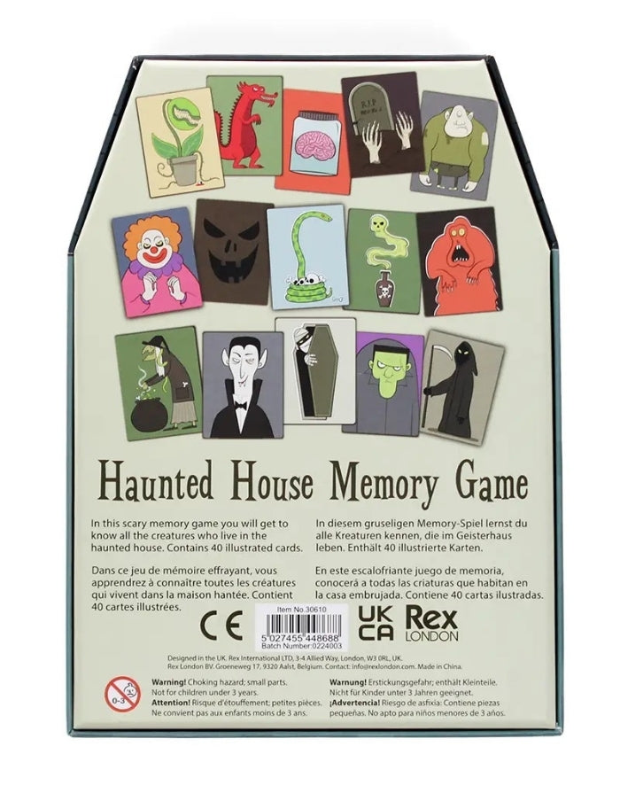 Haunted House Memory Spiel von Rex London mit 20 Paaren aus Geistern, Monstern und weiteren gruseligen Halloween-Motiven von hinten