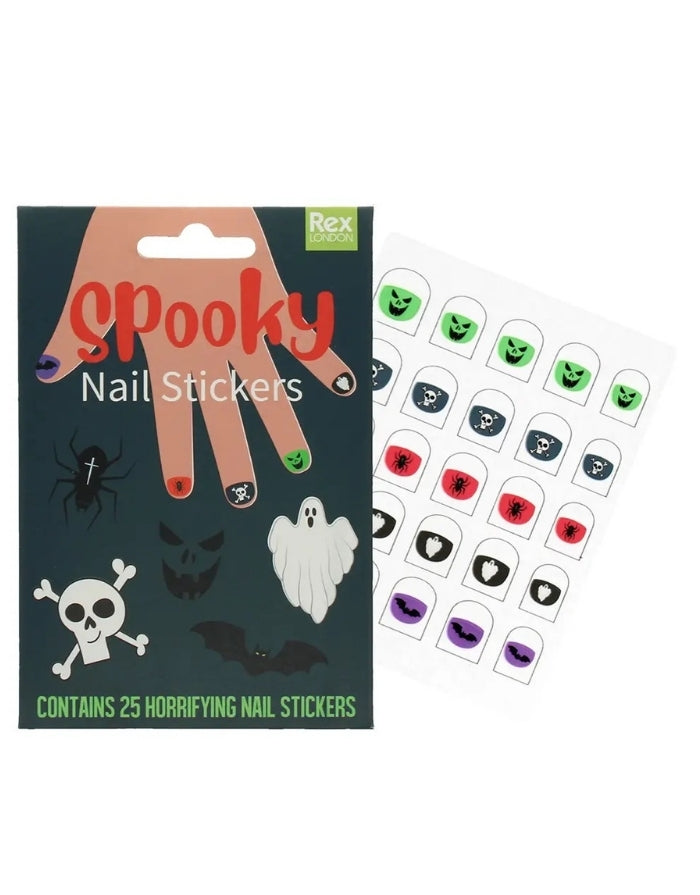 et mit 25 Halloween Nagelstickern für Kinder von Rex London mit Geistern, Fledermäusen, Spinnen und Totenköpfen in Verpackung