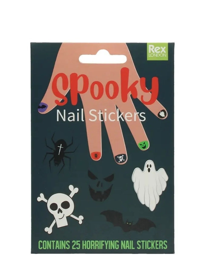 et mit 25 Halloween Nagelstickern für Kinder von Rex London mit Geistern, Fledermäusen, Spinnen und Totenköpfen Verpackung von vorne 