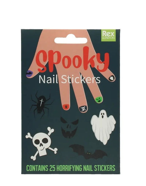 et mit 25 Halloween Nagelstickern für Kinder von Rex London mit Geistern, Fledermäusen, Spinnen und Totenköpfen Verpackung von vorne 