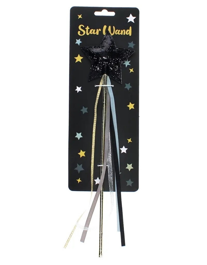 Magischer Feenstab für Kinder von Rex London mit goldenem Griff, schwarzem Glitzerstern und Bändern in Grau, Silber und Gold in Verpackung