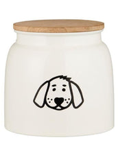 Laden Sie das Bild in den Galerie-Viewer, Weiße Hundefutterdose von Ib Laursen mit Hundemotiv und Holzdeckel, 2,2 Liter, 15,5 cm hoch, 16 cm Durchmesser
