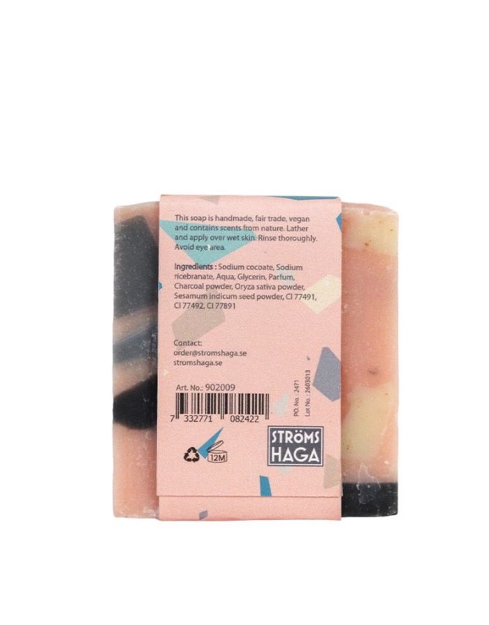 Handgefertigte vegane Handseife Terrazzo von Strömshaga mit Rosengeranie, Mango und sanftem Peeling-Effekt, 100 g.