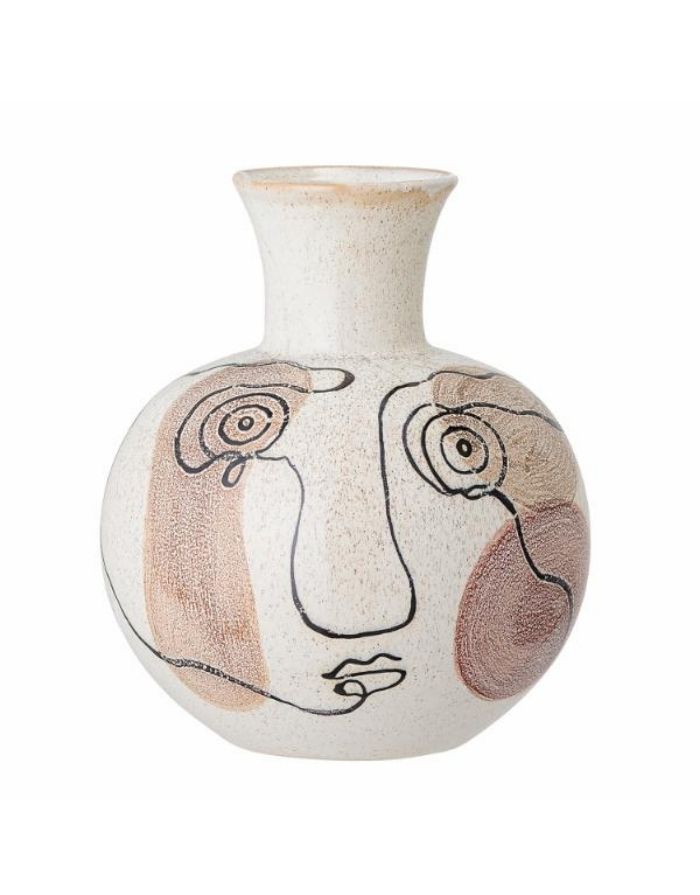 Bloomingville Irini Vase in Weiß aus Steingut mit handbemaltem Gesichtsdesign und moderner Form