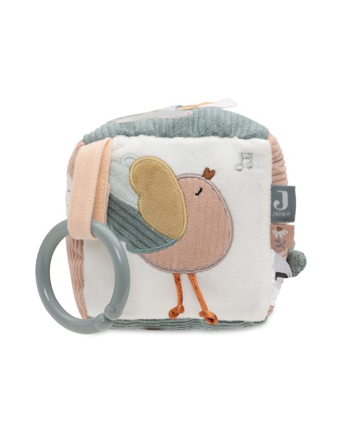 Jollein Aktivitäten-Würfel „Lovely Birds“ – weicher Baby-Spielwürfel mit Vögeln, Wolken, Blumen, Sternen und Fee Amy, mit Stickereien und Labels, 10x10x10 cm, handwaschbar.