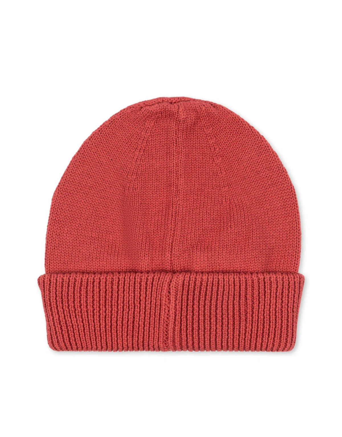 Avely Beanie von Konges Sløjd in der Farbe Cardinal aus weicher Bio-Baumwolle mit klassischer Rippstrickstruktur und verstellbarem Umschlag, von Hinten.