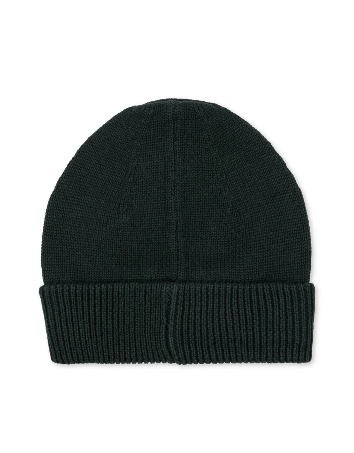 Grüne Avely Beanie von Konges Sløjd in der Farbe Scarab aus weicher Bio-Baumwolle mit klassischer Rippstrickstruktur und verstellbarem Umschlag.