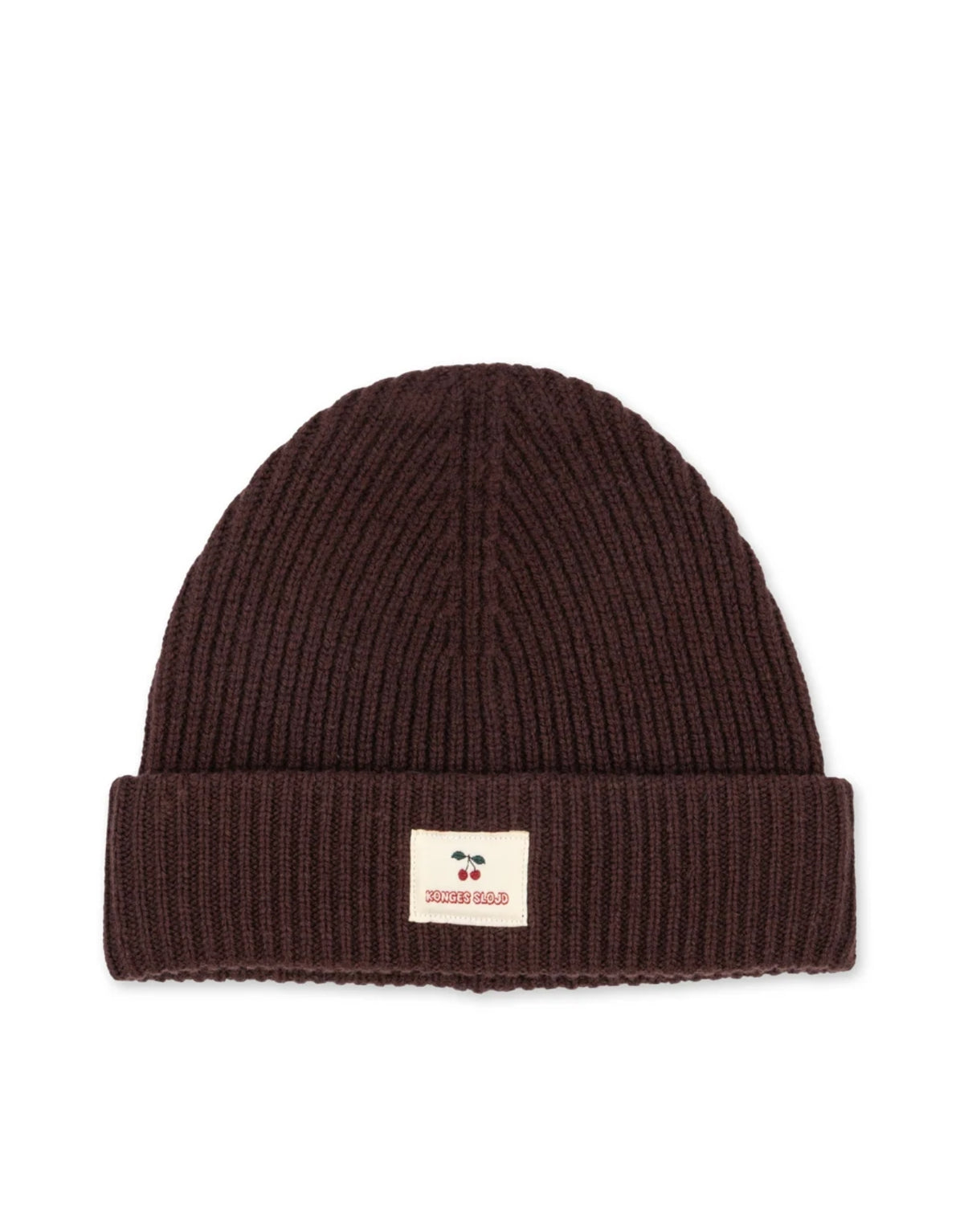 Braune Basil Beanie von Konges Sløjd in der Farbe Decadent Chocolate aus 100 % Wolle mit klassischer Rippstrickstruktur und verstellbarem Umschlag.